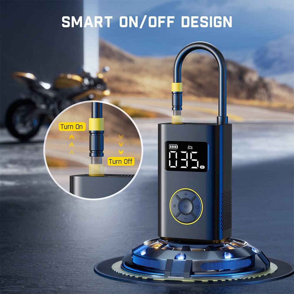 The image features a smart on/off design air pump and inflator with a motorcycle in the background. The air pump is designed to be user-friendly and efficient, with a clear display showing the current air pressure. The motorcycle in the background adds an element of interest to the scene, showcasing the versatility of the air pump and inflator.