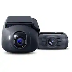 The image features a black camera with a lens and a viewfinder. The camera is accompanied by a smaller black device, possibly a remote control, which is placed next to it. The camera and remote control are sitting on a white background, creating a clean and minimalist appearance.