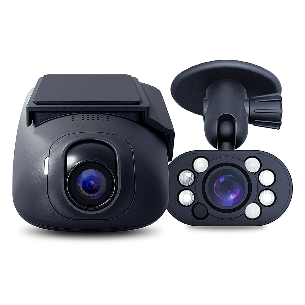 The image features a black camera and a black remote control. The camera is positioned on the left side of the image, while the remote control is on the right side. Both objects are placed on a white background, which highlights their contrasting colors.