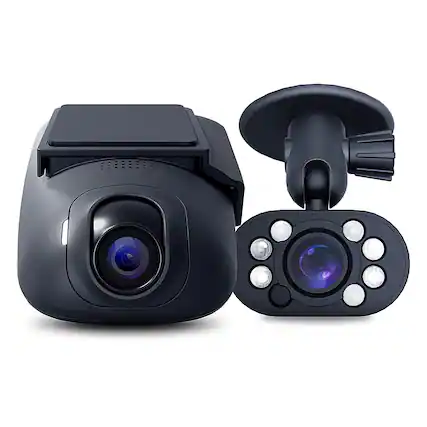 The image features a black camera and a black remote control. The camera is positioned on the left side of the image, while the remote control is on the right side. Both objects are placed on a white background, which highlights their contrasting colors.