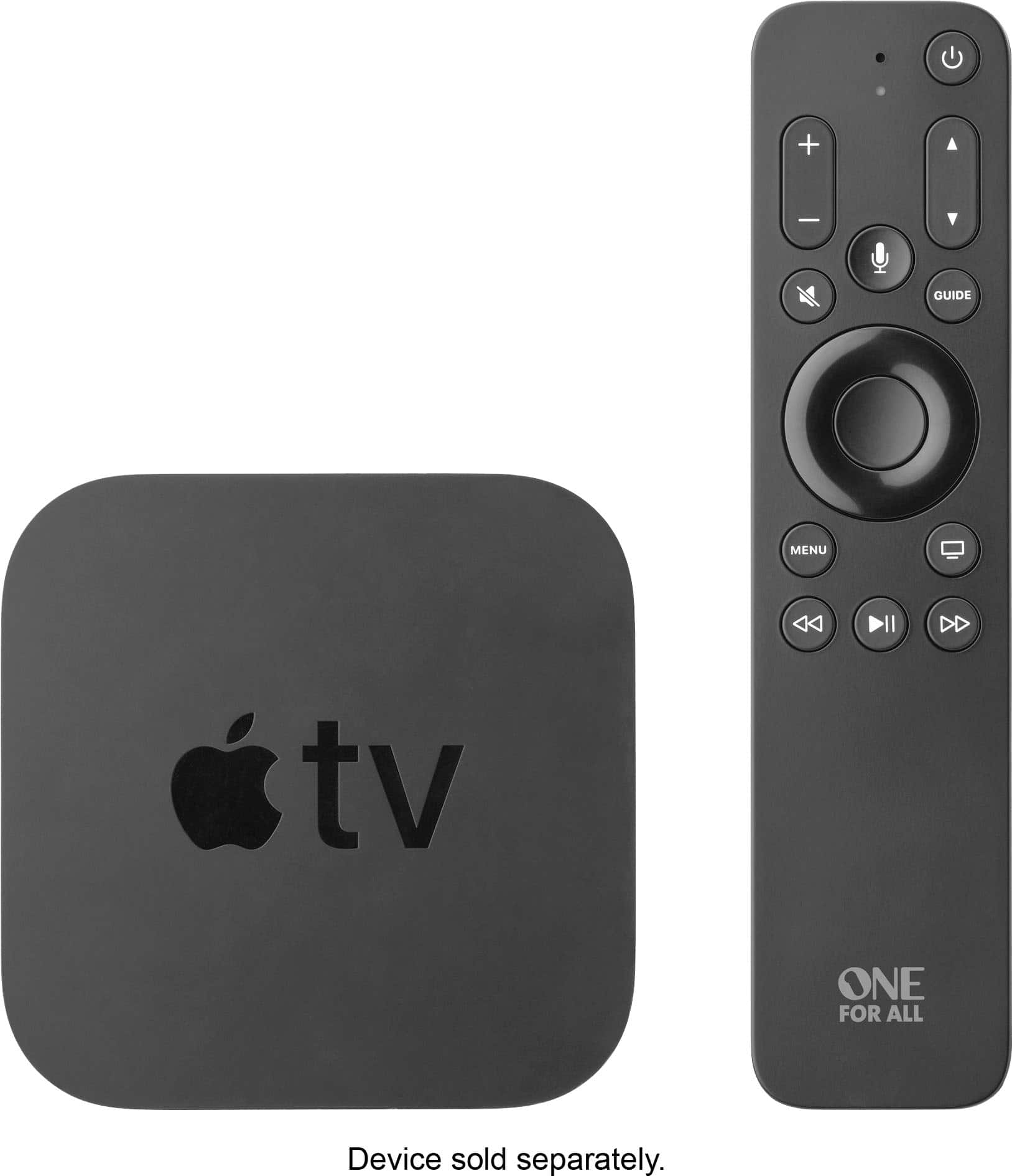 The image features a black Apple TV and a black remote control placed next to each other. The Apple TV is a small device that allows users to stream content from various sources, such as Netflix, Hulu, and YouTube, directly to their TV. The remote control is designed to work with the Apple TV, allowing users to navigate the device's interface and control their streaming experience. The combination of the Apple TV and remote control creates a convenient and user-friendly entertainment setup for those who want to enjoy their favorite shows and movies on their TV.