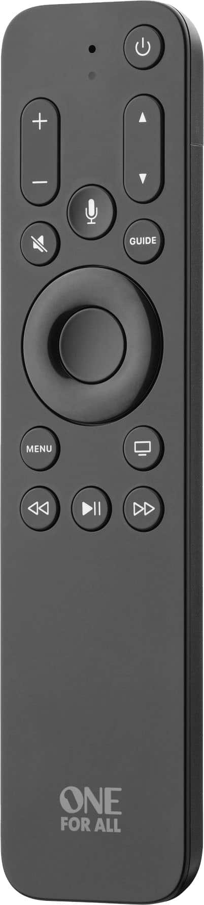 The image features a black remote control with a large "ONE FOR ALL" text on it. The remote control has a total of 12 buttons, including a directional pad and a "OK" button. The remote control is designed to work with various devices, such as TVs, Blu-ray players, and other home entertainment systems.
