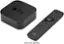 The image features a black Apple TV box and a black remote control. The Apple TV box is placed on a white background, and the remote control is positioned next to it. The remote control has a large number of buttons, making it suitable for controlling various functions on the TV.