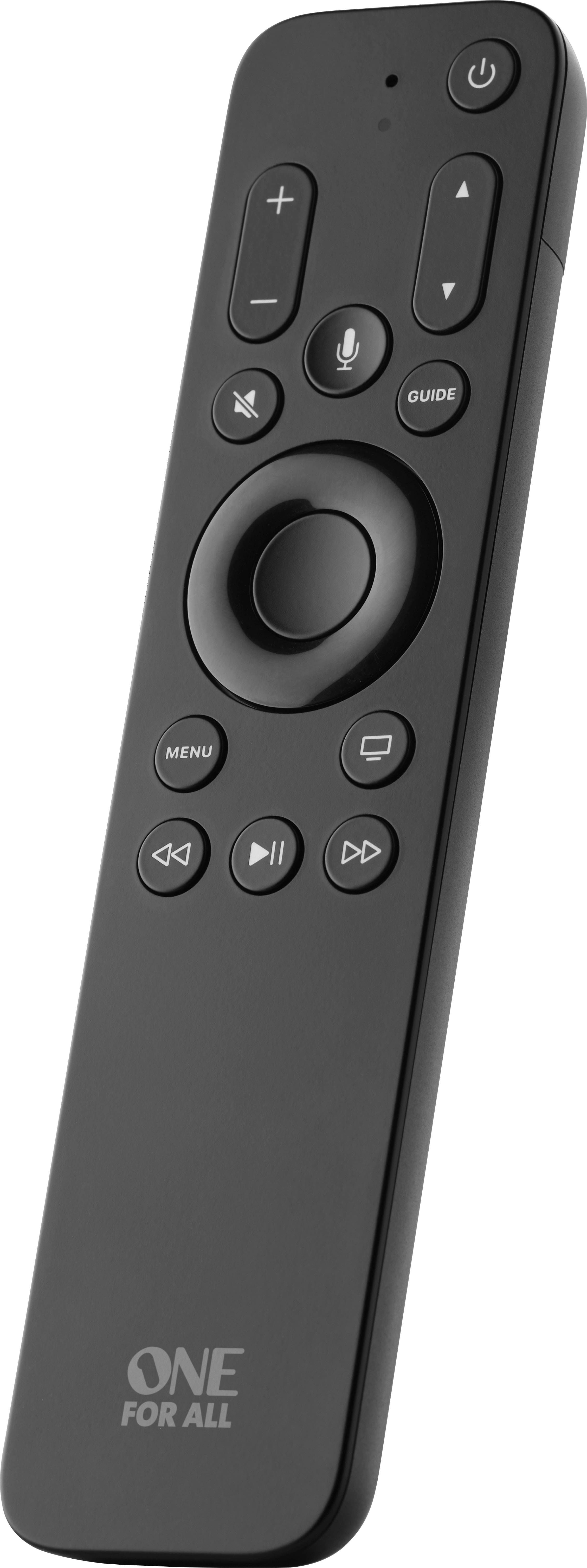 The image features a black remote control with a large "ONE FOR ALL" text on it. The remote has multiple buttons, including a large central button and smaller buttons surrounding it. The remote is designed to control various devices, such as televisions and audio systems, with ease.