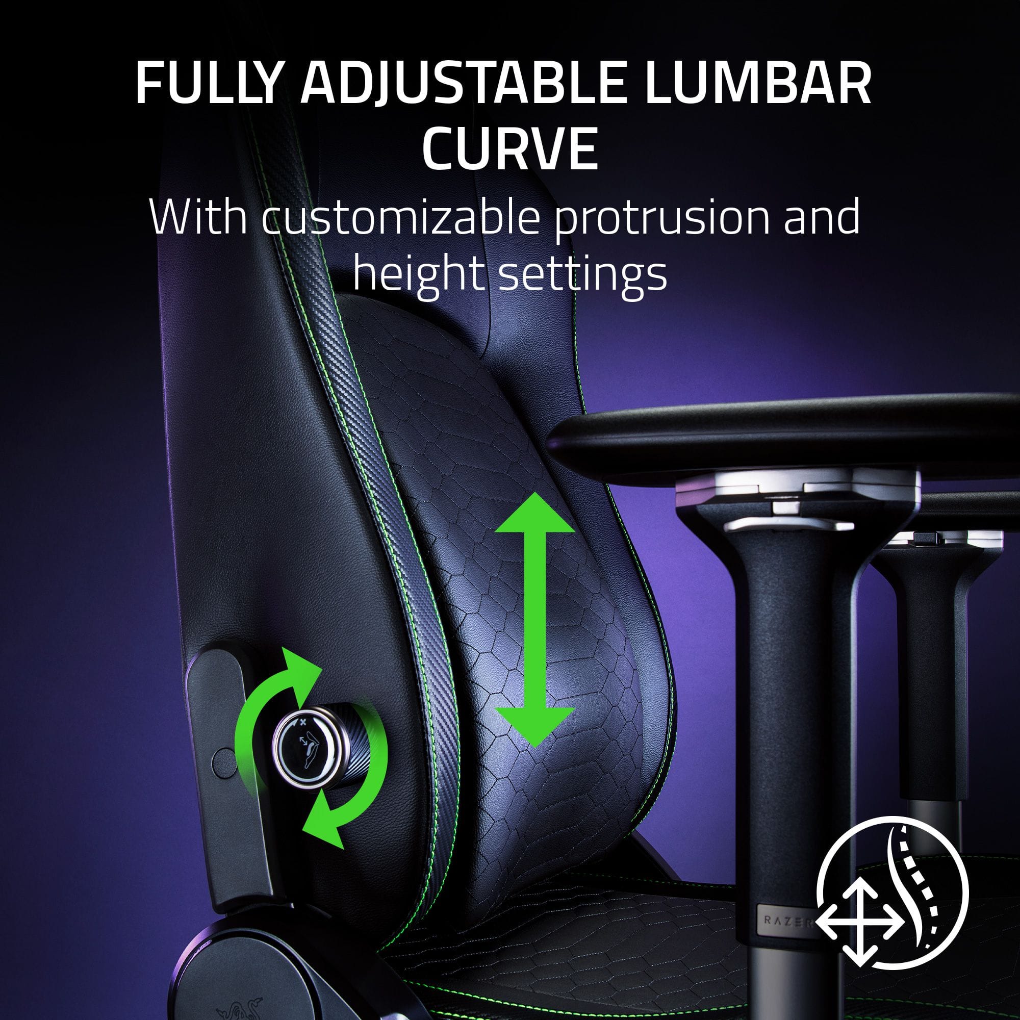 The image features a black and green chair with a fully adjustable lumbar curve. The chair has a customizable protrusion and height setting, allowing users to adjust the lumbar curve to their preference. The chair is designed to provide better support and comfort for the lower back, making it an ideal choice for those who spend long hours sitting.