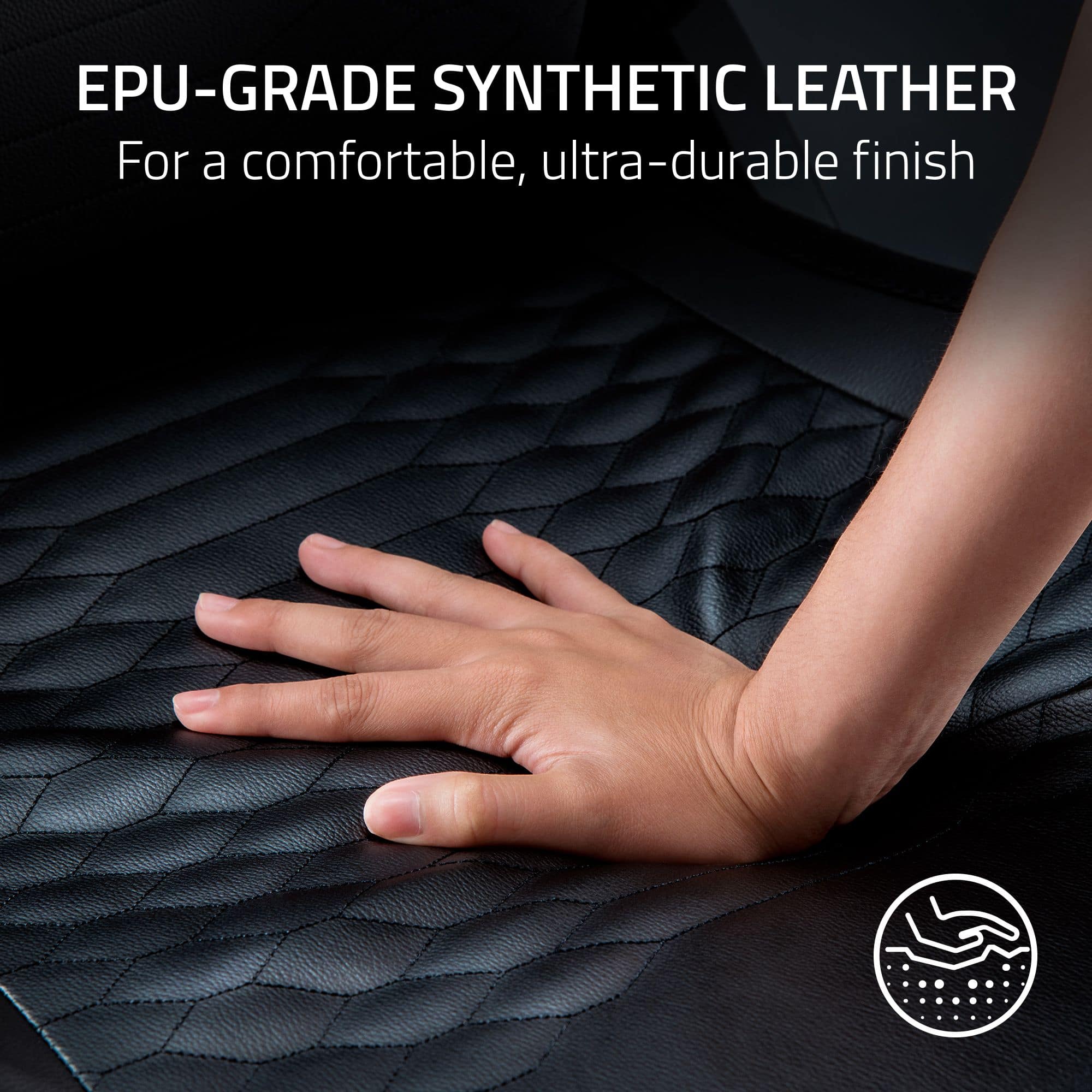 The image features a person's hand touching a leather seat, showcasing the comfort and durability of the synthetic leather. The text "EPU-GRADE SYNTHETIC LEATHER" emphasizes the high quality and long-lasting nature of the material.