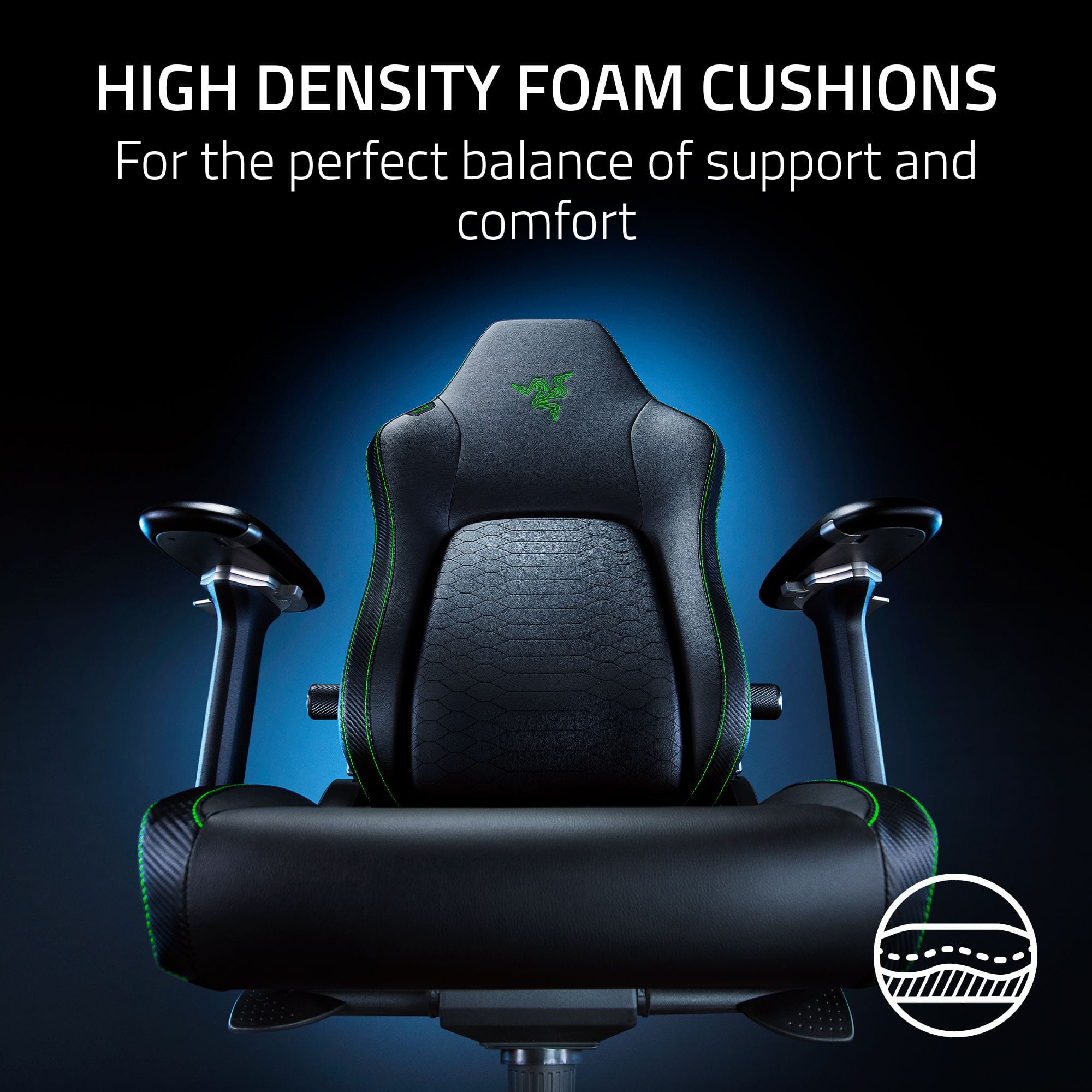 The image showcases a black gaming chair with green accents. The chair is designed with high density foam cushions, providing the perfect balance of support and comfort. The chair is positioned in a way that it appears to be floating in the air, giving it a sleek and modern look. The foam cushions are likely to offer a comfortable and ergonomic seating experience for gamers and other users.