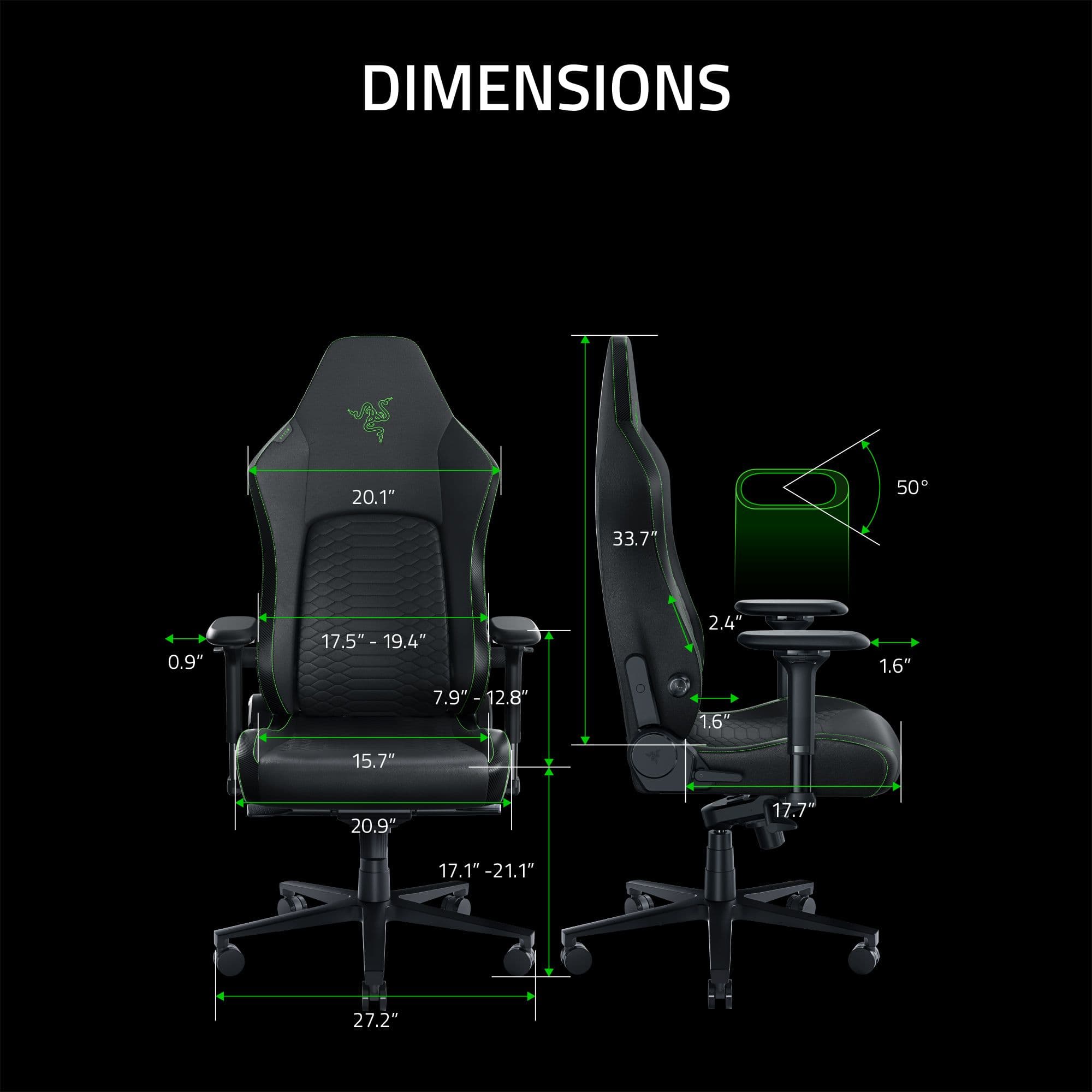 The image shows a computer chair with its dimensions displayed. The chair has a height of 20.1 inches, a width of 50 inches, and a depth of 33.7 inches. The armrests are 7.5 inches wide, and the seat is 17.5 inches wide. The chair is designed to be comfortable and ergonomic for extended periods of use.