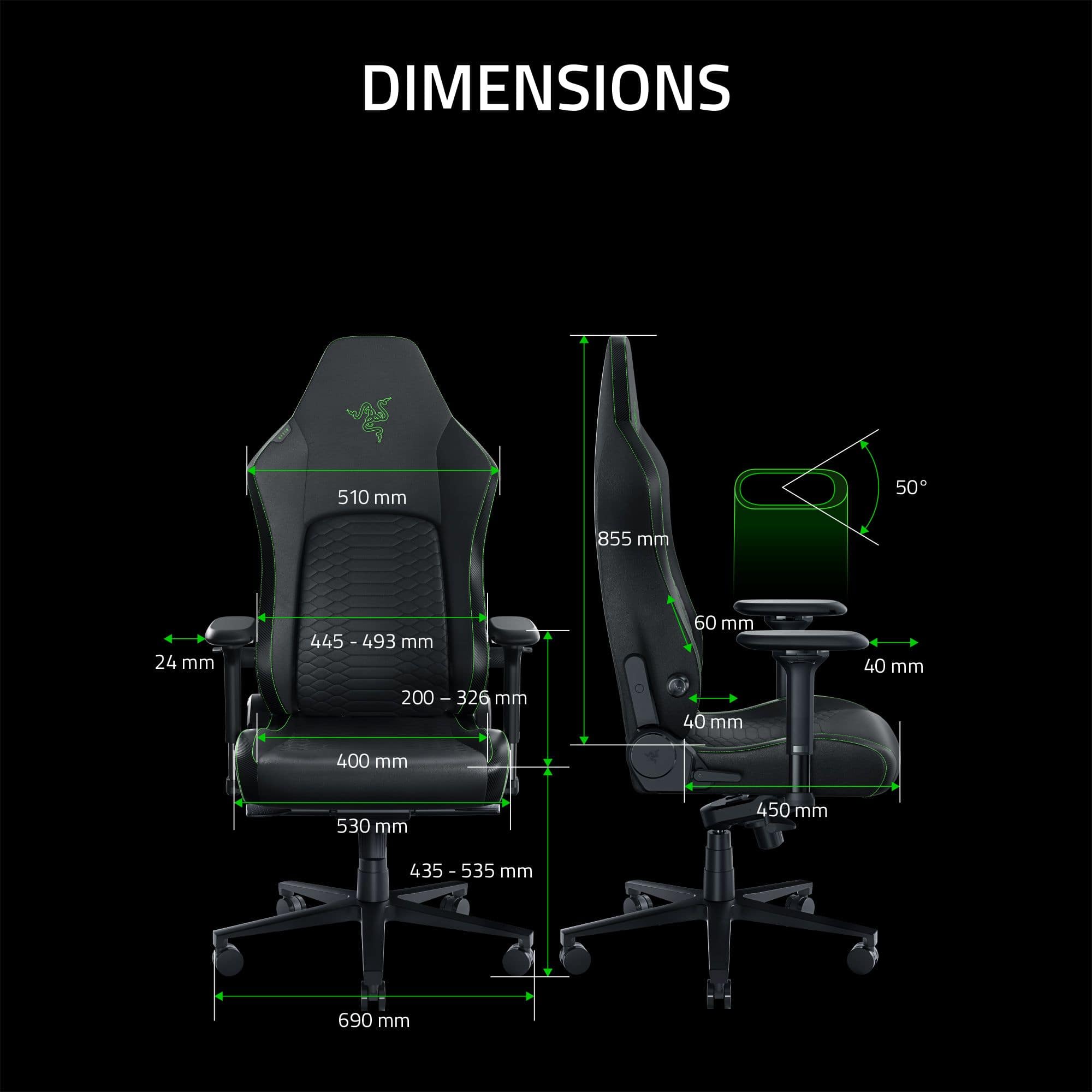 The image shows a chair with a black cushion and a green logo. The chair is accompanied by a diagram that provides dimensions for the chair, including the height, width, and length. The dimensions are as follows: 510 mm, 50 mm, 855 mm, 24 mm, 445-493 mm, 200-326 mm, 326 mm, 60 mm, 40 mm, 40 mm, 400 mm, 530 mm, 450 mm, and 435-535 mm. The chair is also accompanied by a green box, which is placed next to the chair.