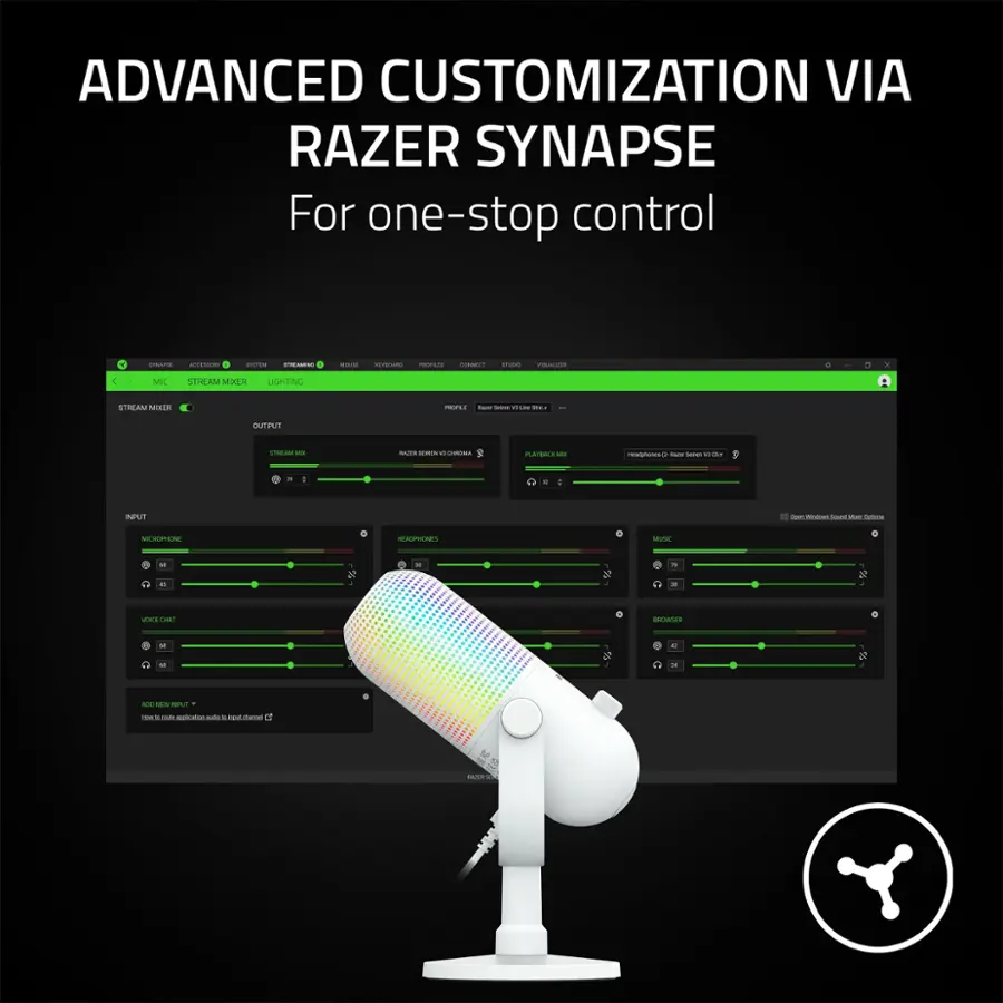 The image features a computer monitor with a microphone in front of it. The microphone is placed on a stand, and it is surrounded by a colorful rainbow pattern. The monitor is displaying a graph, which suggests that it might be used for audio or video editing. The image also includes a Razer Synapse logo, indicating that the microphone is compatible with the Razer Synapse software for advanced customization.