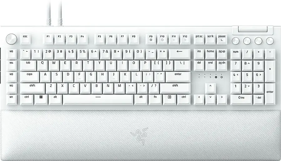 The image features a white keyboard with a clean and minimalist design. The keyboard has a combination of letters, numbers, and symbols, including the numbers 1 through 9, the letters A through Z, and various punctuation marks such as the comma, period, and question mark. The keyboard also has a few function keys, including F1 through F12, and a few other keys like the home, end, and arrow keys. Additionally, there is a key for the control and alt functions, as well as a key for the function key lock. Overall, the keyboard is designed for efficient typing and navigation.
