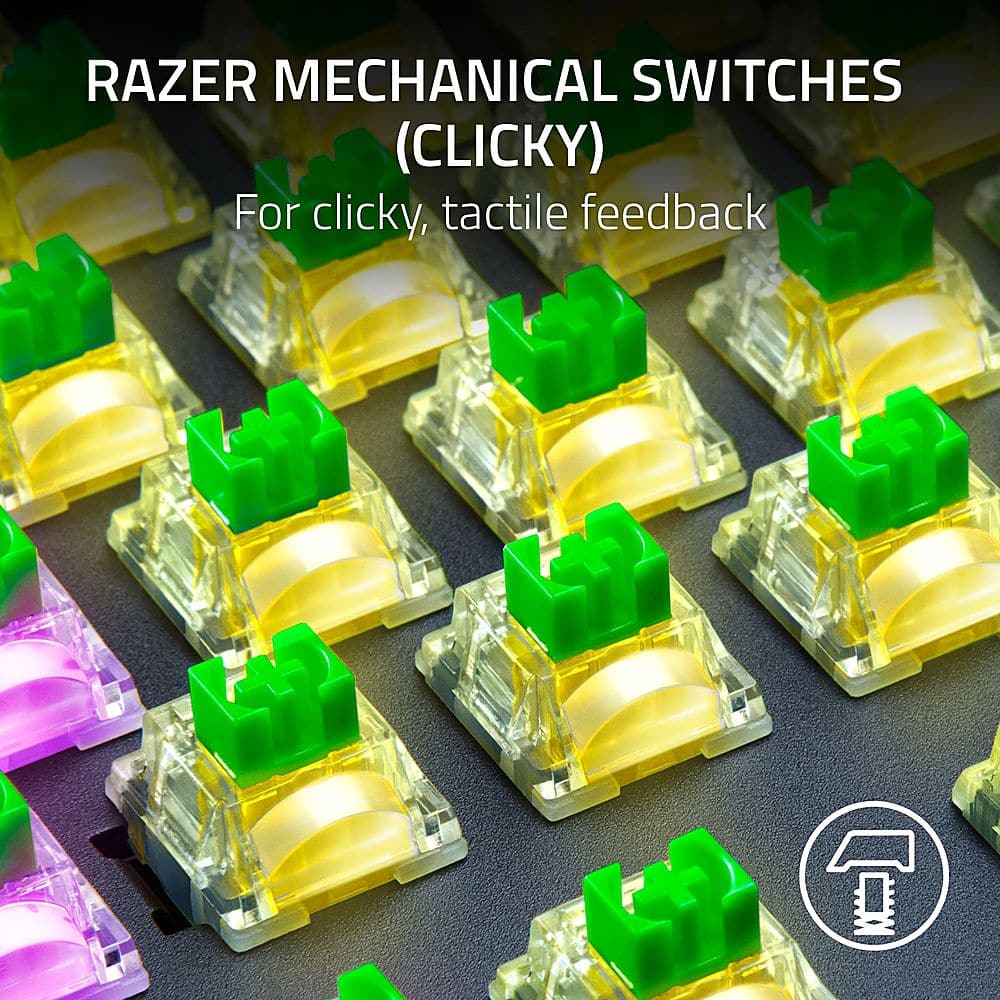 The image features a close-up view of a large number of green and yellow mechanical switches, likely designed for clicky, tactile feedback. These switches are arranged in a grid pattern, showcasing their uniformity and attention to detail. The switches are likely intended for use in various electronic devices, such as keyboards or computer peripherals, to provide a tactile and satisfying experience for users.