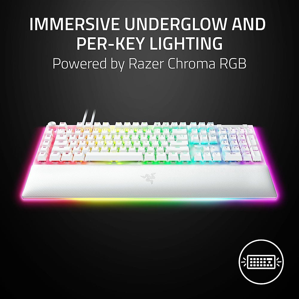The image features a white and colorful keyboard with a rainbow-colored background. The keyboard is illuminated with a colorful glow, likely due to the presence of Razer Chroma RGB technology. The keyboard is designed with a unique and visually appealing aesthetic, making it an attractive choice for users who appreciate customizable and vibrant lighting effects.