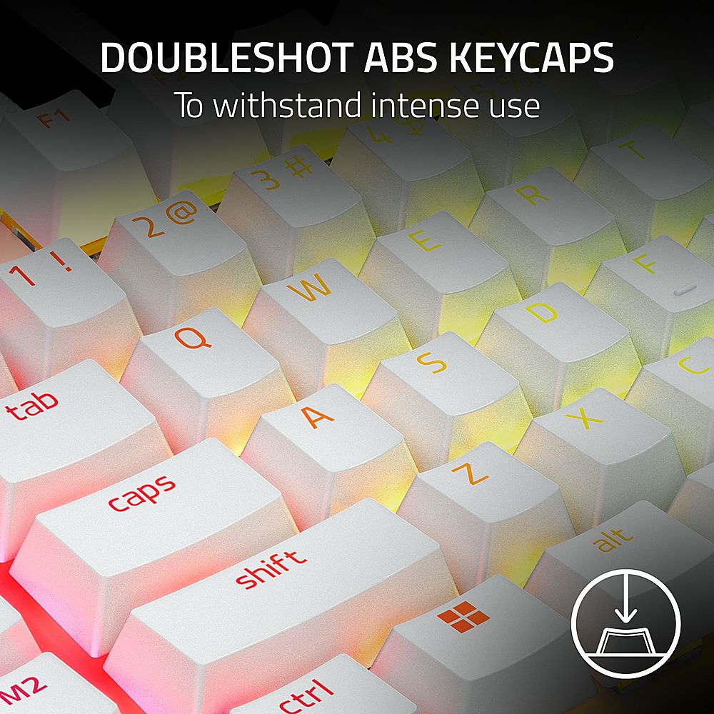 The image features a close-up of a white keyboard with a set of DOUBLESHOT ABS KEYCAPS. These keycaps are designed to withstand intense use and are suitable for gaming or other demanding activities. The keycaps are placed on top of the white keyboard, which has a combination of red and yellow lights illuminating the keys. The keyboard is likely a mechanical keyboard, as it features a distinctive design and layout.