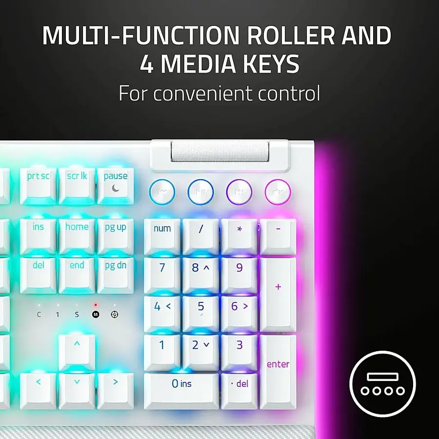 The image features a white keyboard with a multi-function roller and four media keys. The keys are labeled with various functions, such as "home," "pg up," "pg down," "end," "num," and "del." The keyboard also has a purple glow, adding a unique touch to its design.