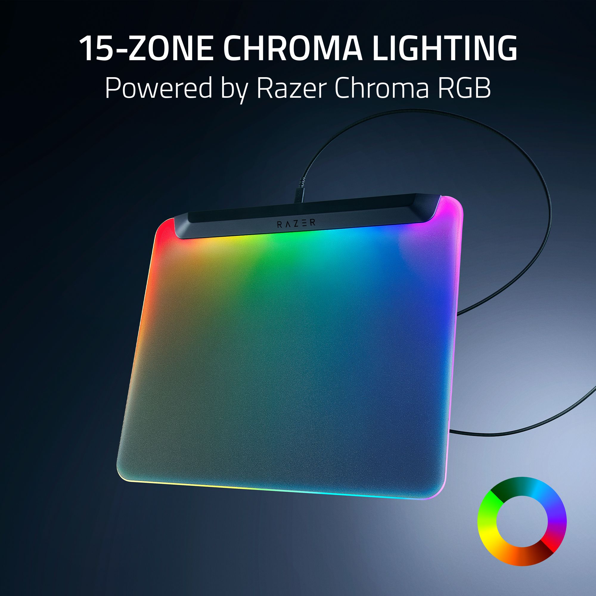 The image features a 15-zone chroma lighting device, which is powered by Razer Chroma RGB. The device is designed to provide a colorful and vibrant lighting experience, with the ability to display a wide range of colors and patterns. The device is connected to a computer, and its lighting can be controlled and customized using the Razer Chroma software. The device is displayed on a dark background, which helps to emphasize the vivid colors and patterns produced by the chroma lighting.
