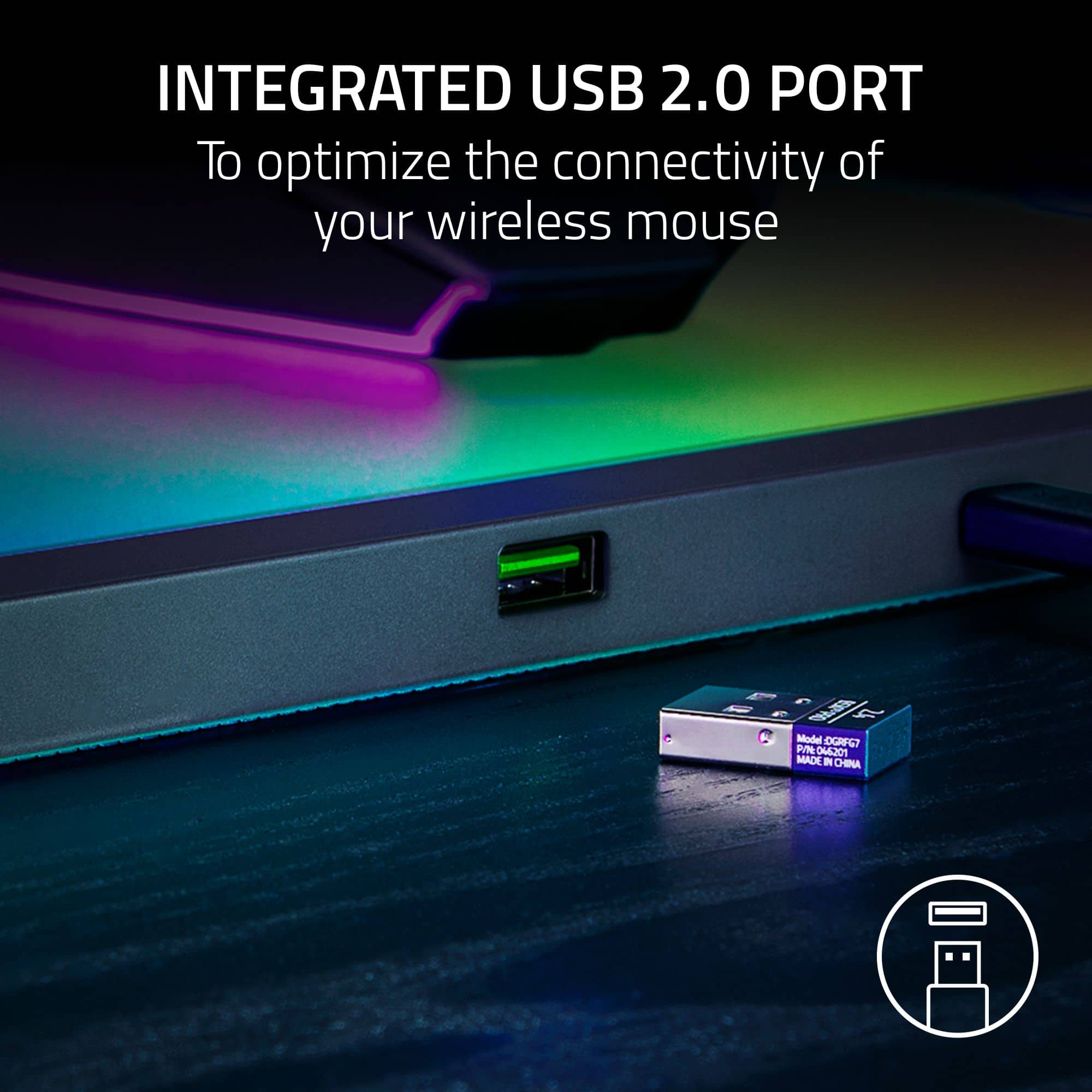 The image features a close-up view of a computer mouse with a USB 2.0 port. The USB port is designed to optimize the connectivity of the wireless mouse. The mouse is made in China and is likely used for enhanced performance and convenience.