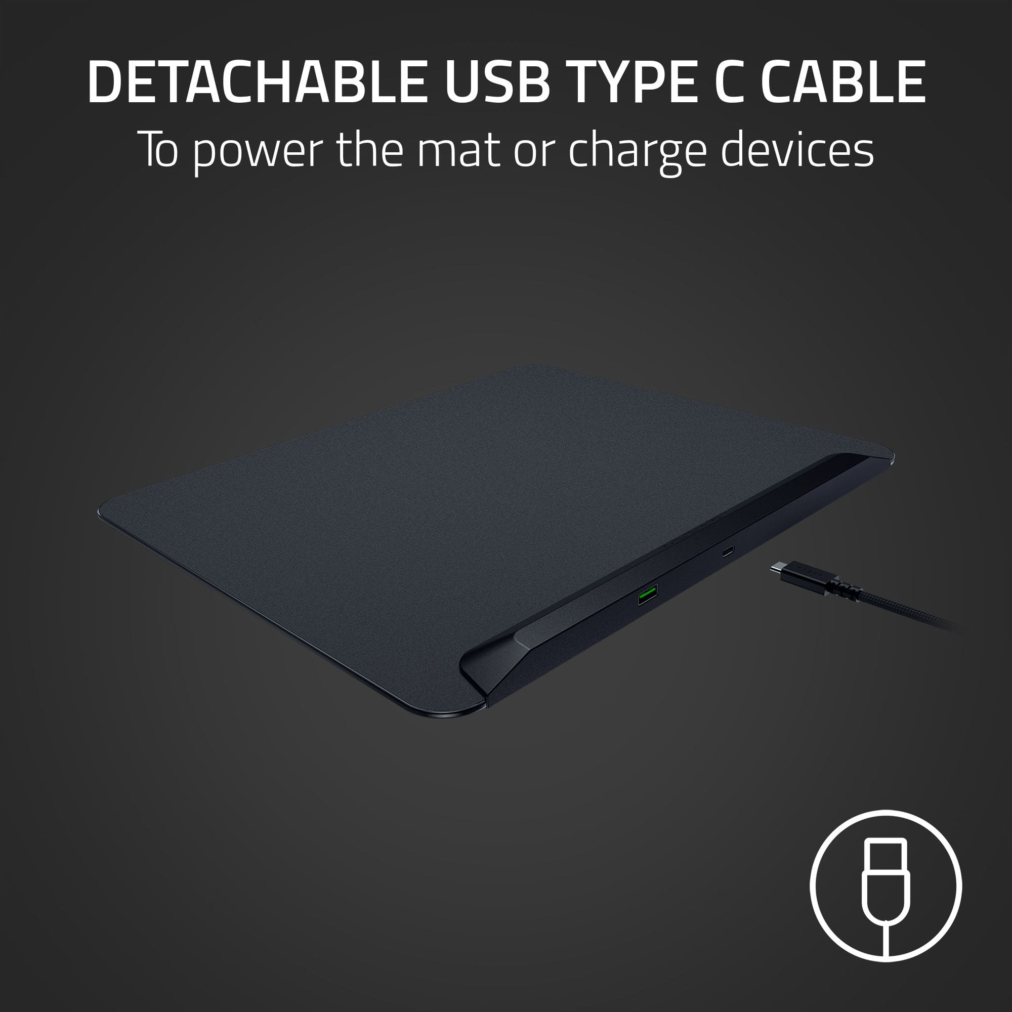 The image features a detachable USB Type C cable, which can be used to power the mat or charge devices. The cable is designed to provide a convenient and flexible charging solution for various devices.