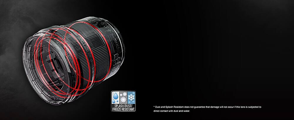 The image features a close-up of a camera lens, which is described as having a "splash/dust/freeze resistant" feature. However, the text on the image warns that this feature does not guarantee that the lens will not be damaged if it comes into direct contact with dust and water. This implies that while the lens may be more resistant to such elements, it is still susceptible to potential damage in certain situations.