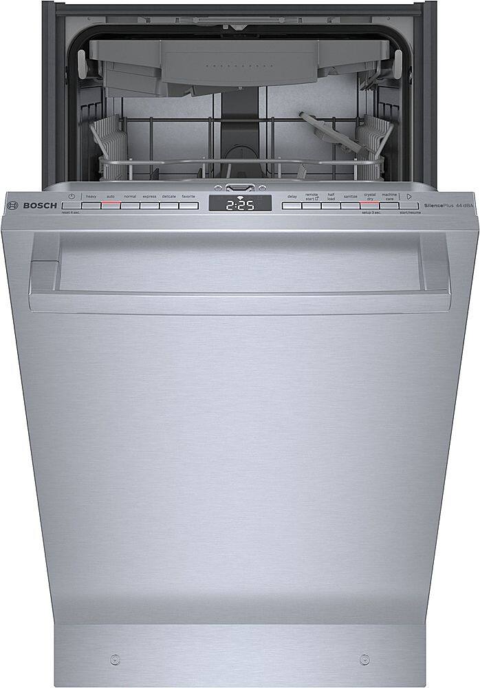 The image features a stainless steel dishwasher with a silver door. The dishwasher is designed by Bosch and has a delay start feature, allowing users to set a specific time for the dishwasher to start. The dishwasher is built into the wall, making it a convenient and space-saving appliance for any kitchen.