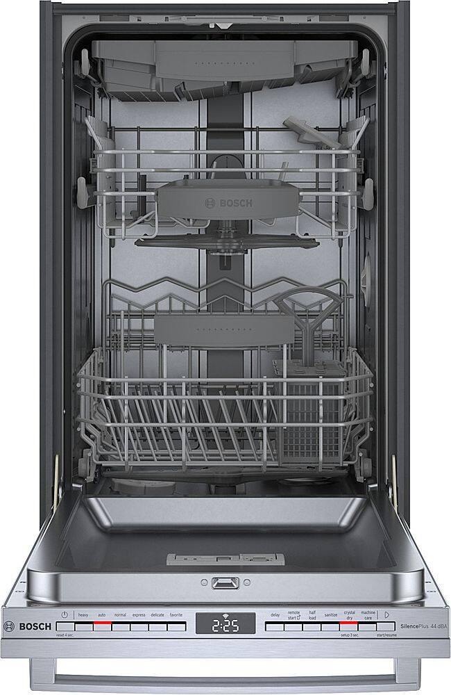 The image features a built-in dishwasher with a silver door and a clear glass window. The dishwasher is empty, and the door is open, revealing the interior. The dishwasher has a timer that allows for different washing modes, such as heavy auto, normal, express, delicate, and favorite. Additionally, there is a delay start option and a remote start feature, making it convenient for users to operate the dishwasher. The machine also has a sanitize cycle and a SilencePlus feature for quiet operation.