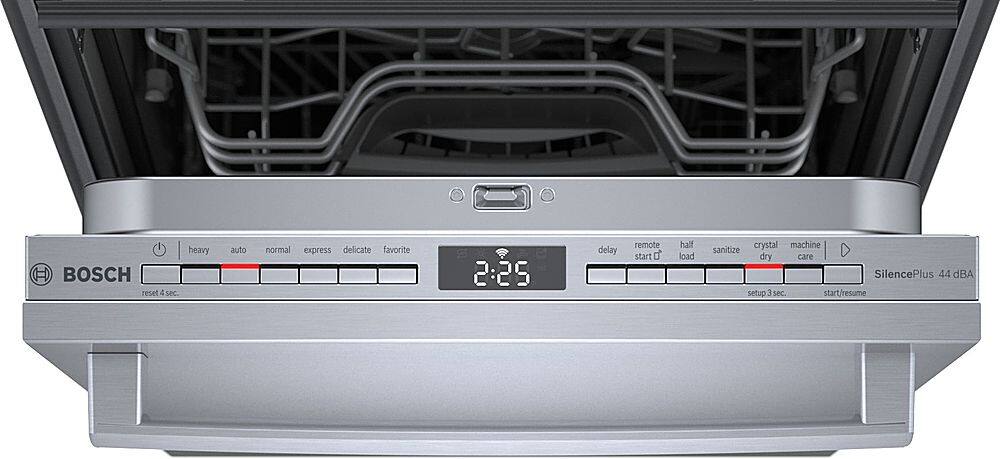 The image features a built-in dishwasher with a digital display and various buttons. The buttons include a reset button, a 4-second heavy auto button, a normal auto button, an express button, a delicate button, a favorite button, a 2:25 delay button, a remote start button, a half load button, a crystal machine button, a sanitize button, a dry button, a SilencePlus button, and a 44 dBA setup button. The buttons are arranged in a row, and the digital display is located above them.