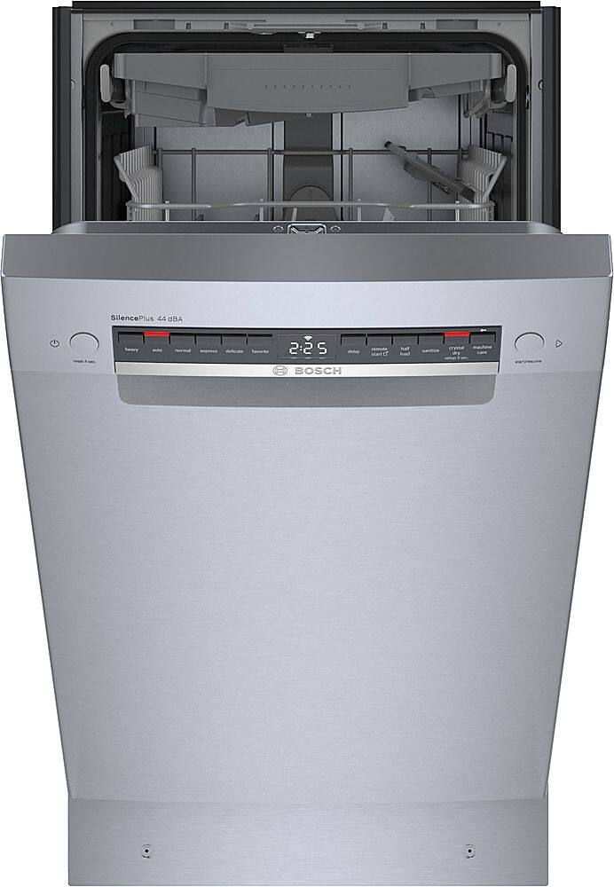 The image features a large, stainless steel dishwasher with a silver door. The dishwasher is built into the wall, making it a sleek and modern addition to the kitchen. The door is open, revealing the interior of the appliance. The dishwasher is designed to be quiet, with a noise level of only 44 dBA, ensuring a peaceful and comfortable kitchen environment.