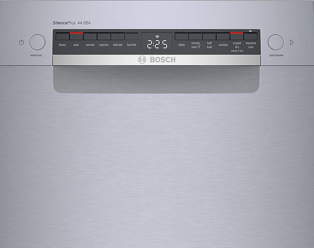 The image features a built-in dishwasher with a digital display showing the time of 2:25. The dishwasher is made by Bosch and has a variety of options for different washing modes, such as heavy auto, normal, express, delicate, and favorite. It also has a remote start feature and a half load option for efficient use of space. The dishwasher is designed with a crystal machine and a sanitize dry care setup for optimal performance and user experience.