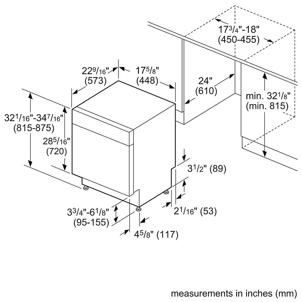 The image shows a diagram of a built-in dishwasher with measurements in inches. The measurements are labeled on the diagram, indicating the dimensions of the dishwasher. The measurements include 173/4"-18" (450-455), 229/16" (573), 321/16"-347/16" (815-875), 285/16" (720), 175/8" (448), 24" (610), 31/2" (89), and 33/4"-61/8" (95-155). The measurements are also accompanied by a note stating that the measurements are in inches (mm).