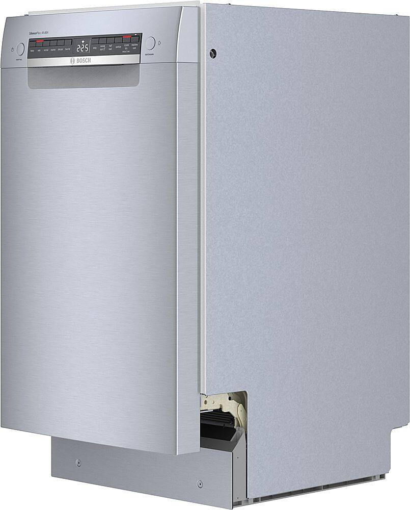 The image features a large, silver built-in dishwasher with a stainless steel door. The dishwasher is designed to fit into the kitchen cabinetry, providing a sleek and modern look. The door of the dishwasher is open, revealing the interior of the appliance. The dishwasher is likely a high-quality and efficient model, as it is made by Bosch, a well-known brand in the appliance industry.