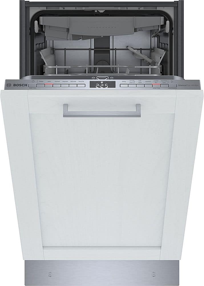 The image features a white dishwasher with a stainless steel door and handle. It is a built-in dishwasher with a silver finish. The dishwasher has a large interior, which allows for efficient cleaning of dishes. The door is open, revealing the interior of the dishwasher. The dishwasher is made by the brand Bosch, known for its high-quality appliances.