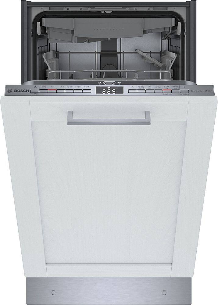 The image features a white dishwasher with a stainless steel door and handle. It is a built-in dishwasher with a silver finish. The dishwasher has a large interior, which allows for efficient cleaning of dishes. The door is open, revealing the interior of the dishwasher. The dishwasher is made by the brand Bosch, known for its high-quality appliances.