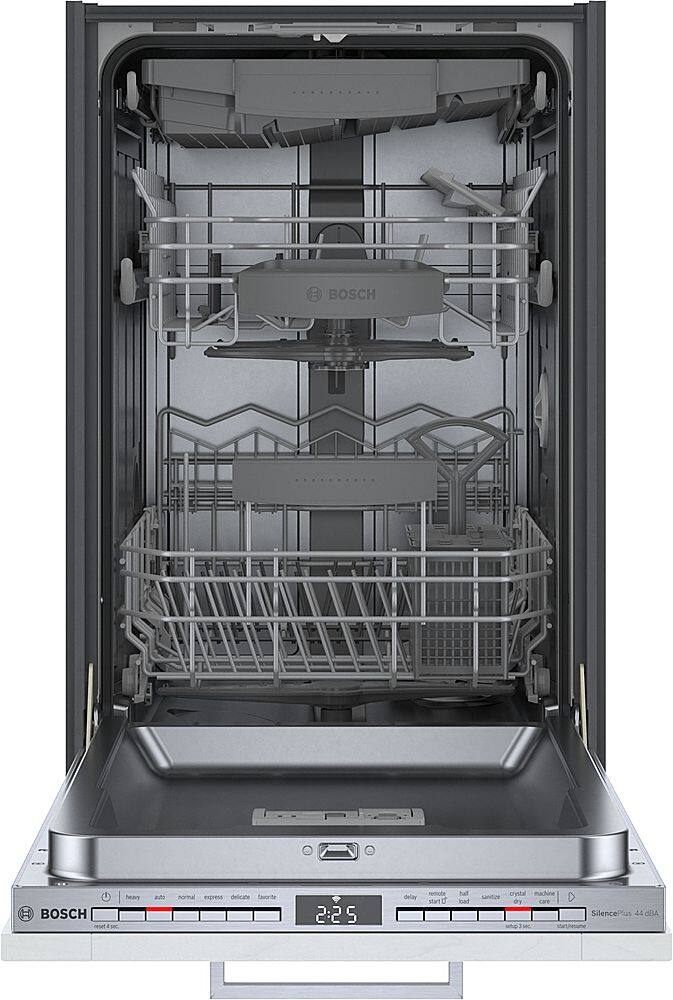 The image features a large built-in dishwasher with a stainless steel door. The dishwasher has a silver interior and is equipped with a variety of racks and shelves to accommodate different types of dishes. The dishwasher has a delay start option, which allows for a 2:25 delay before the machine starts washing the dishes. Additionally, the dishwasher is equipped with a Crystal machine, which provides a high-quality washing experience. The machine also has a SilencePlus feature, which reduces noise during operation.