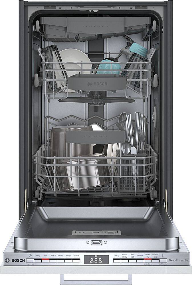 The image features a large dishwasher with a stainless steel door and a silver interior. The dishwasher is filled with various dishes, including cups, bowls, and spoons. The dishes are arranged in a way that they can be easily washed and organized. The dishwasher is designed to handle a variety of dishwashing tasks, including delicate and heavy-duty cleaning. The presence of a timer and a delay start option ensures that the dishwasher operates efficiently and according to the user's preferences.