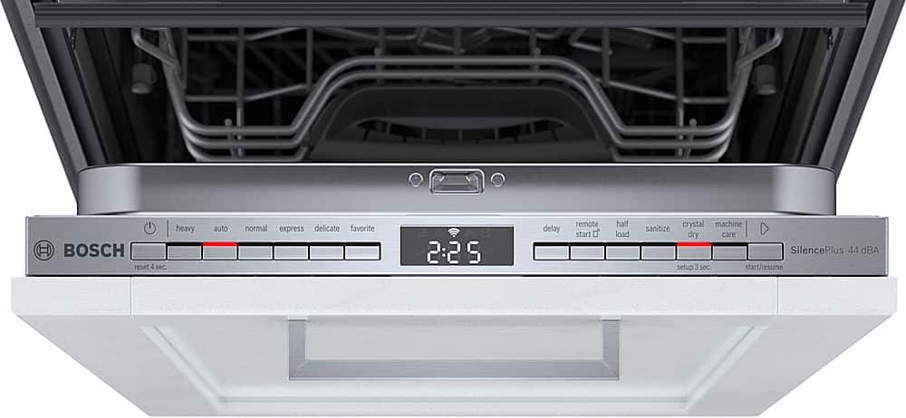 The image features a built-in dishwasher with a digital display. The display shows the time remaining for the dishwashing cycle, which is currently set at 2:25. The dishwasher is made by Bosch, and it has various settings, including a delay start, a half load, and a crystal machine. The machine is also equipped with a remote start and a SilencePlus feature that reduces noise during operation.