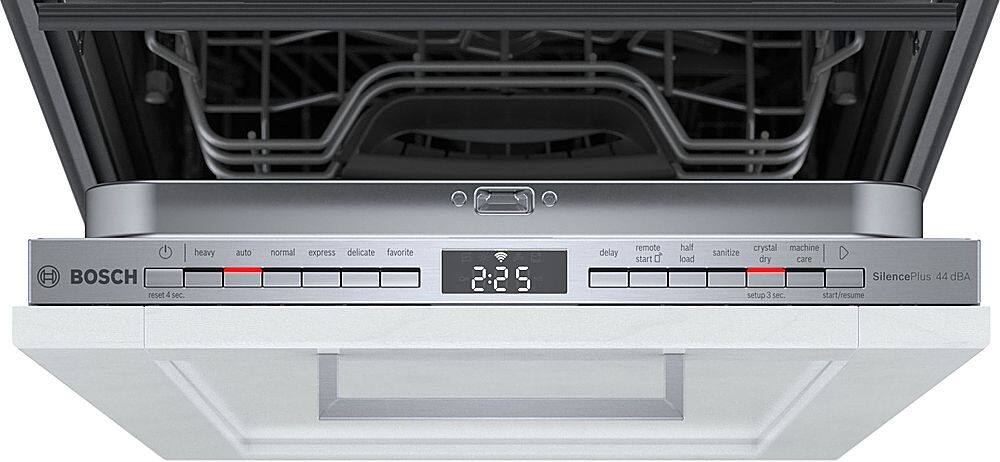 The image features a built-in dishwasher with a digital display. The display shows the time remaining for the dishwashing cycle, which is currently set at 2:25. The dishwasher is made by Bosch, and it has various settings, including a delay start, a half load, and a crystal machine. The machine is also equipped with a remote start and a SilencePlus feature that reduces noise during operation.