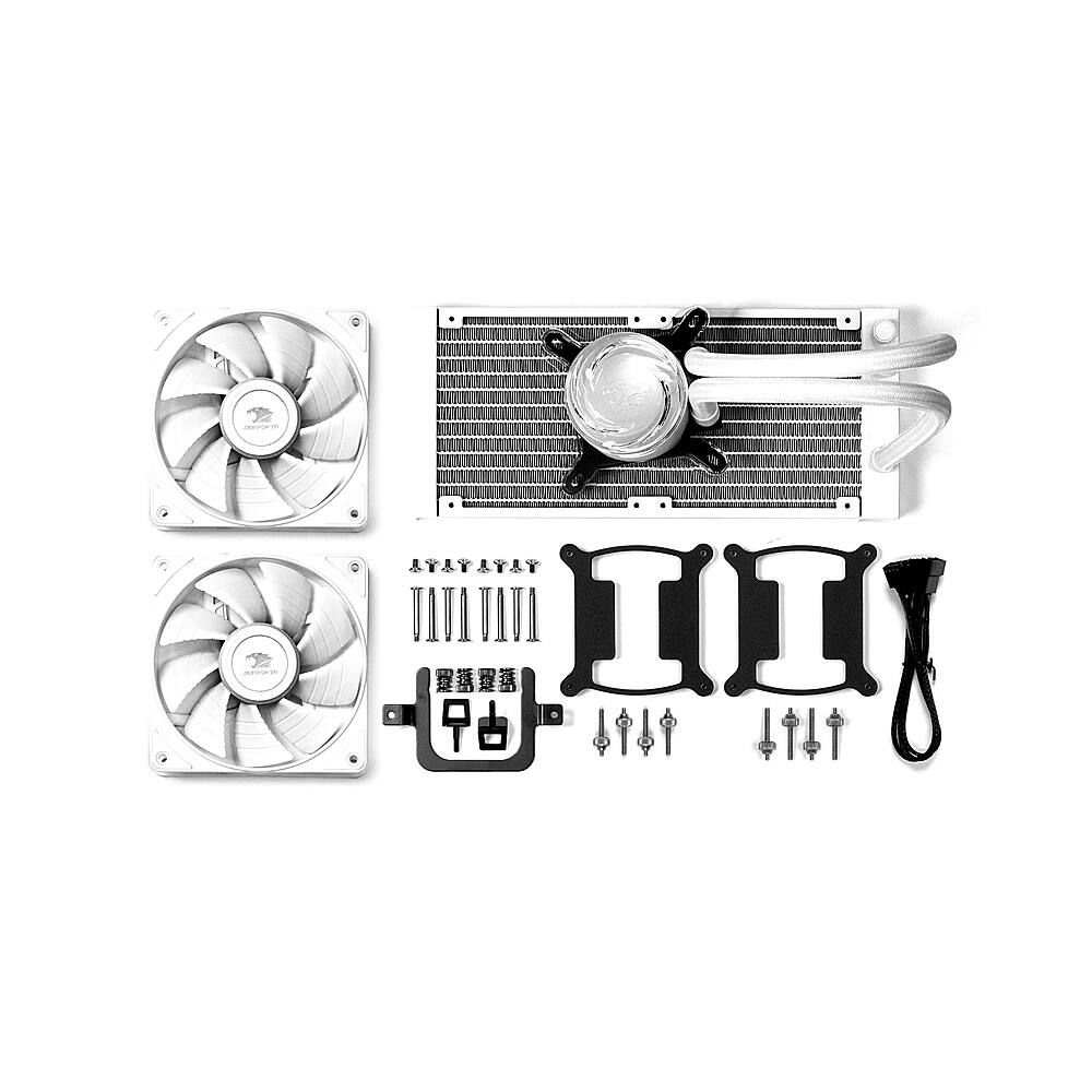 The image features a computer cooling system with two fans, a heatsink, and various parts. The fans are placed on the left and right sides of the heatsink, which is positioned in the center of the image. The heatsink is accompanied by a radiator, and there are several screws and a power cord placed around the components. The arrangement of these parts suggests that the system is designed to efficiently cool the computer.
