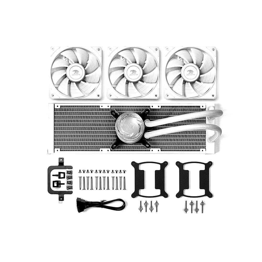 The image features a computer cooling system with a fan, a heatsink, and a power supply. The fan is located on the left side of the image, while the heatsink is positioned in the center. The power supply is situated on the right side of the image. The components are all white, giving the image a clean and organized appearance.