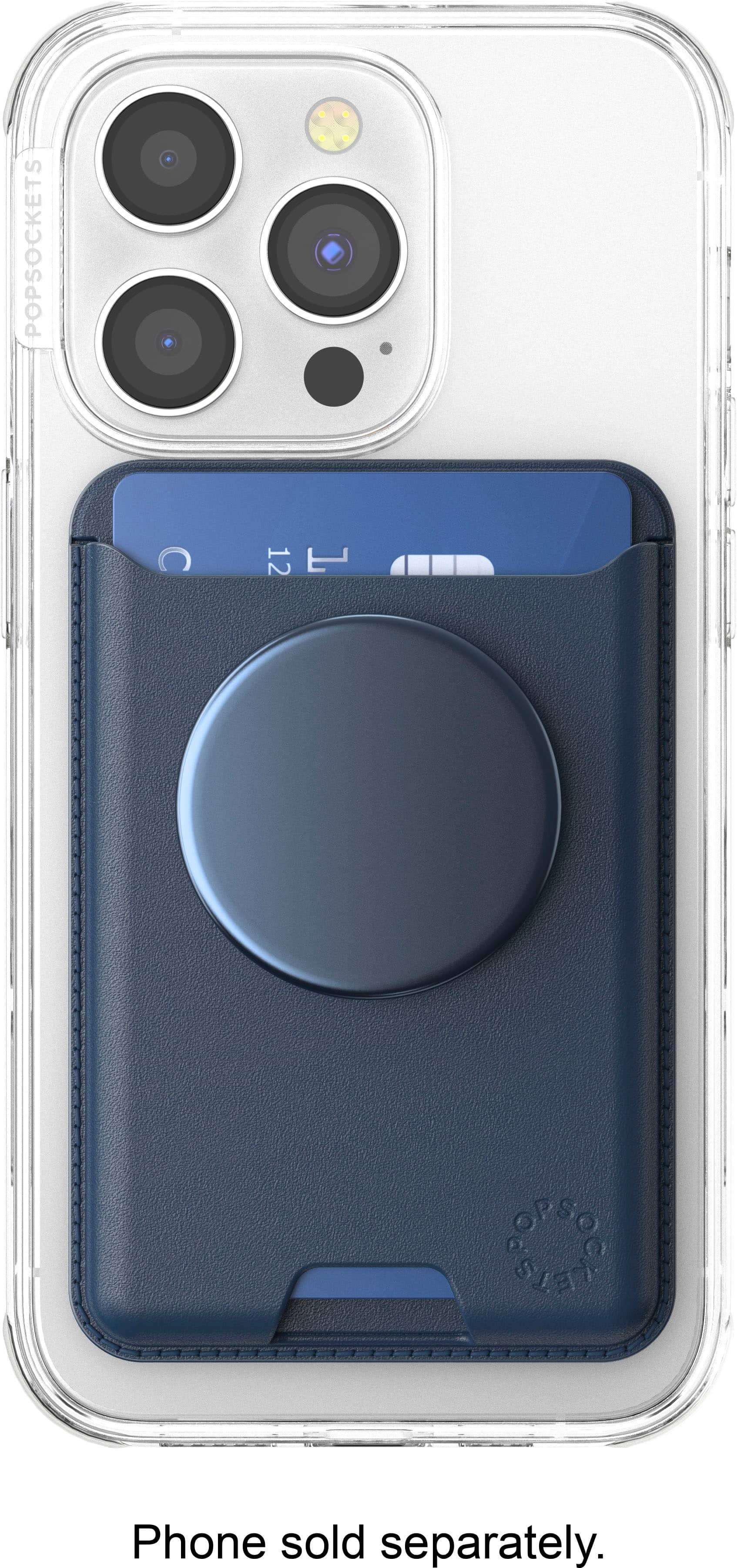 The image features a cell phone with a PopSockets case on it. The case has a blue and black color scheme, and it is designed to hold the phone securely. The case is made of a durable material that protects the phone from scratches and impacts. The PopSockets case is a popular accessory for smartphones, as it not only provides protection but also adds a touch of personal style to the device.