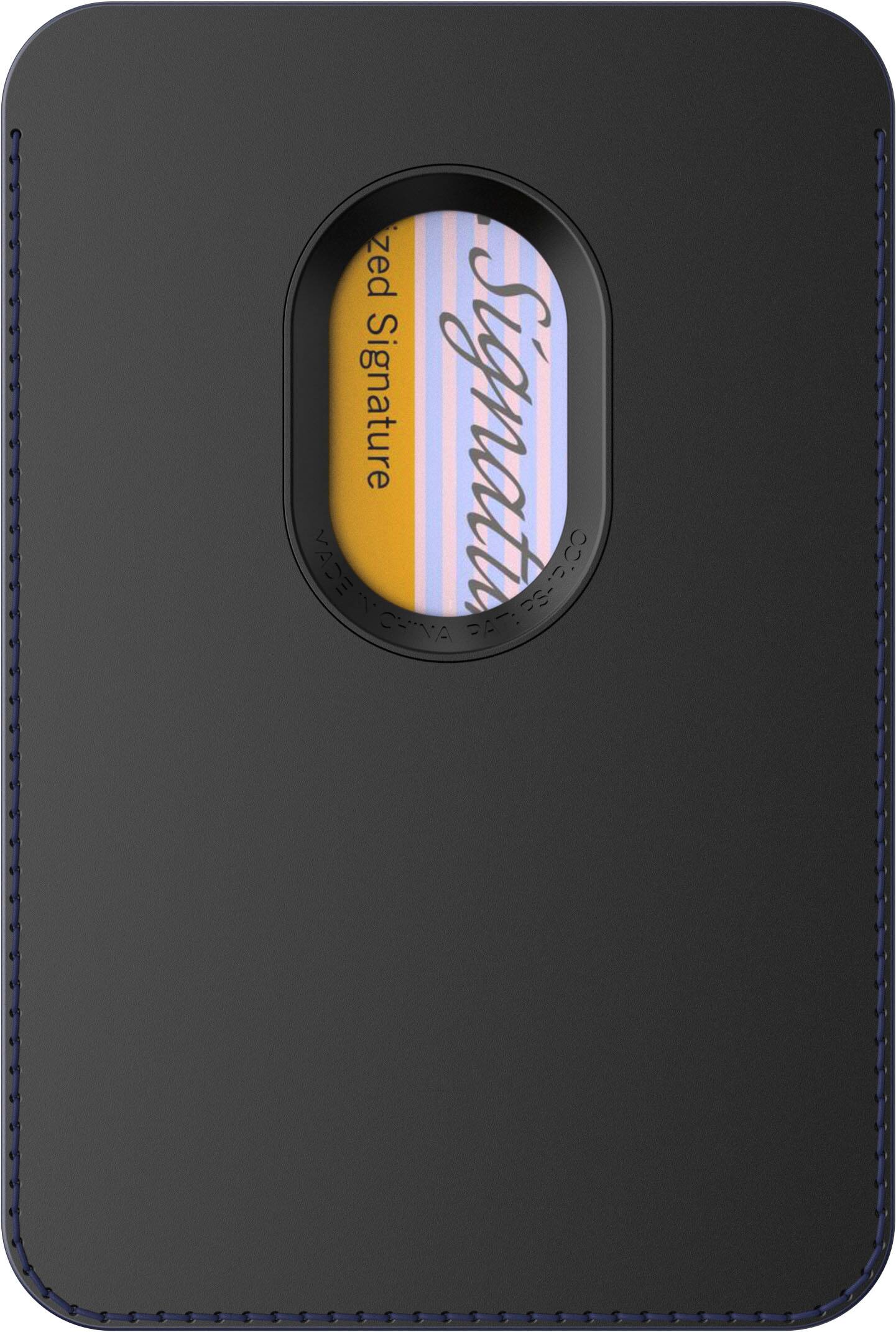 The image features a black case for a cell phone with a yellow and white striped design. The case has a signature label on it, which says "Signature." The case is made of leather and has a zippered compartment. The phone case is designed to protect the cell phone and add a stylish touch to the device.