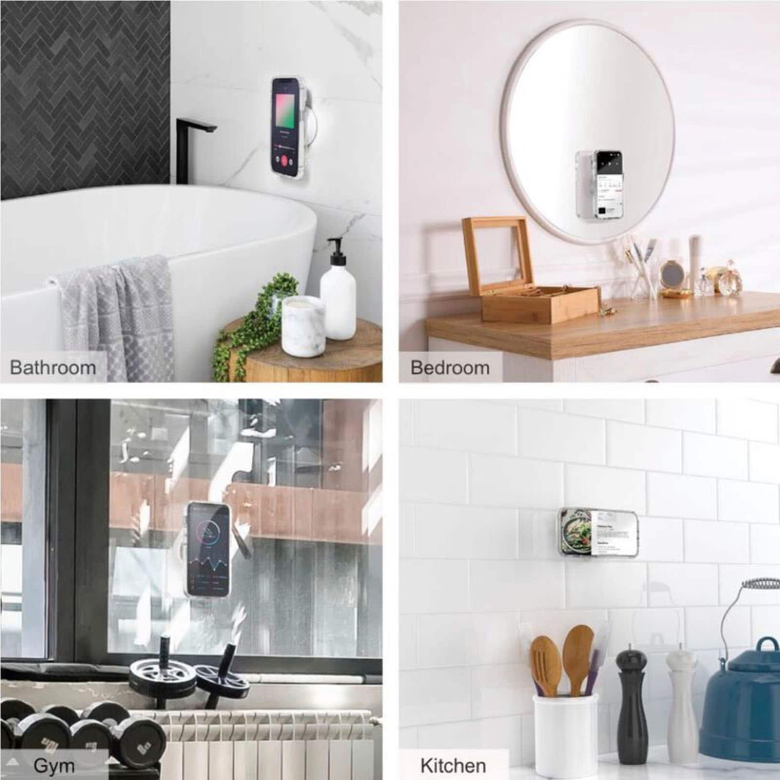 The image showcases a bathroom, bedroom, gym, and kitchen area with various items and appliances. In the bathroom, there is a sink, mirror, and a cell phone mounted on the wall. The bedroom features a bed and a clock. The gym area has a treadmill and a cell phone mounted on the wall. The kitchen area has a sink, a cell phone mounted on the wall, and a bottle. The image also includes a potted plant, a vase, and a bowl.