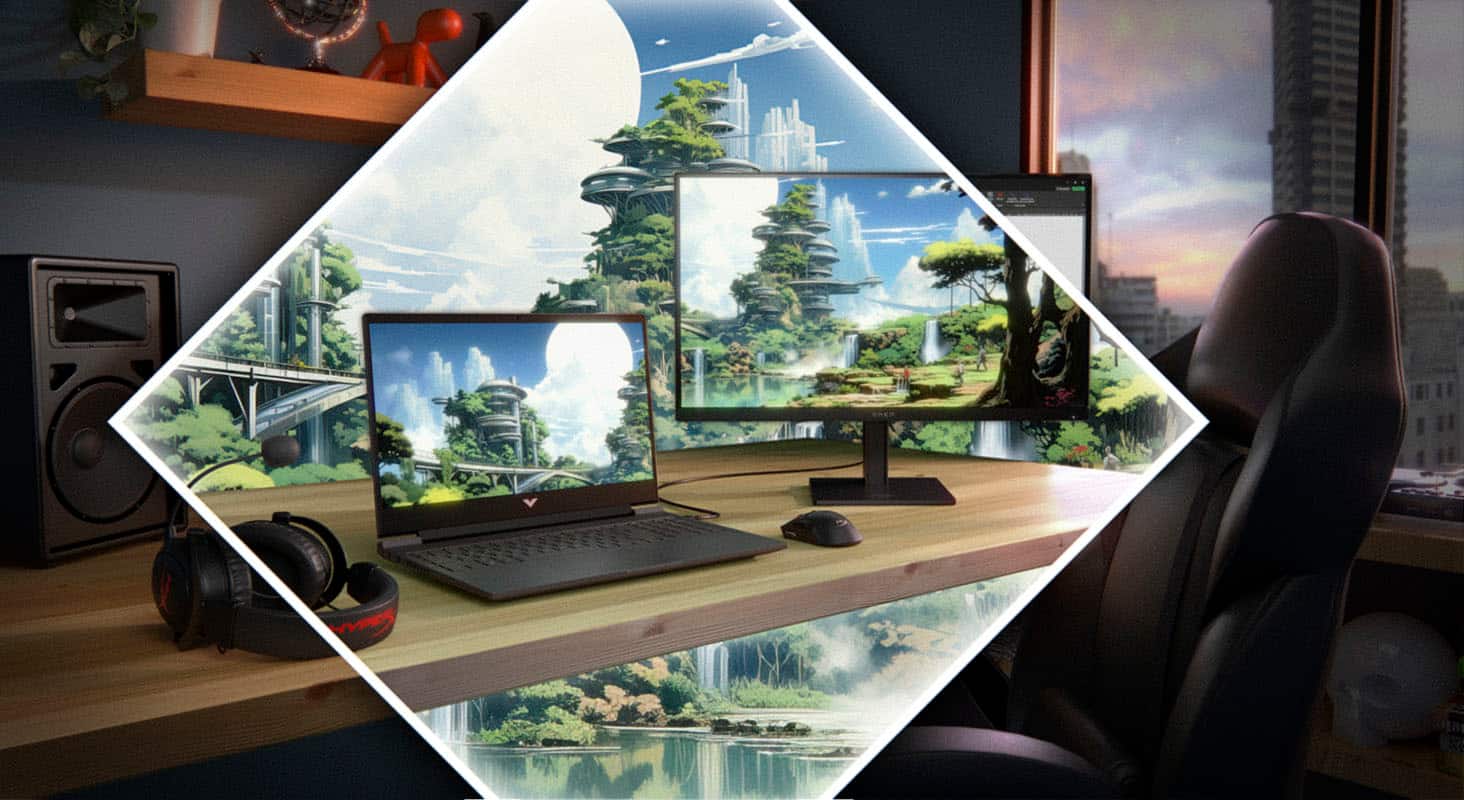 Zoom in on The image features a desk with a laptop computer and several monitors. The laptop is positioned in the center of the desk, surrounded by the monitors. There are a total of five monitors, with one on the left side, one on the right side, and three on the top of the desk. A chair is placed in front of the desk, ready for someone to sit down and work on the computer. The scene appears to be a workspace or a gaming setup, with the monitors possibly used for multitasking or enhancing the gaming experience.