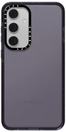 The image features a purple Samsung phone case with a camera on the back. The case has a large "S" on the front, which stands out as the largest text in the image. The case is designed to protect the phone and enhance its appearance.