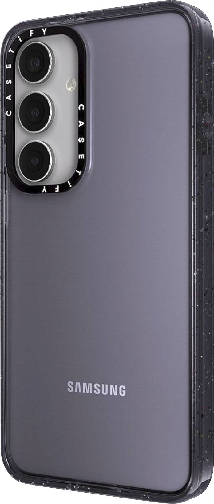 The image features a Samsung phone with a purple case. The case has a unique design, with a row of three cameras on the back. The phone is held in a vertical position, showcasing the case and the camera setup.