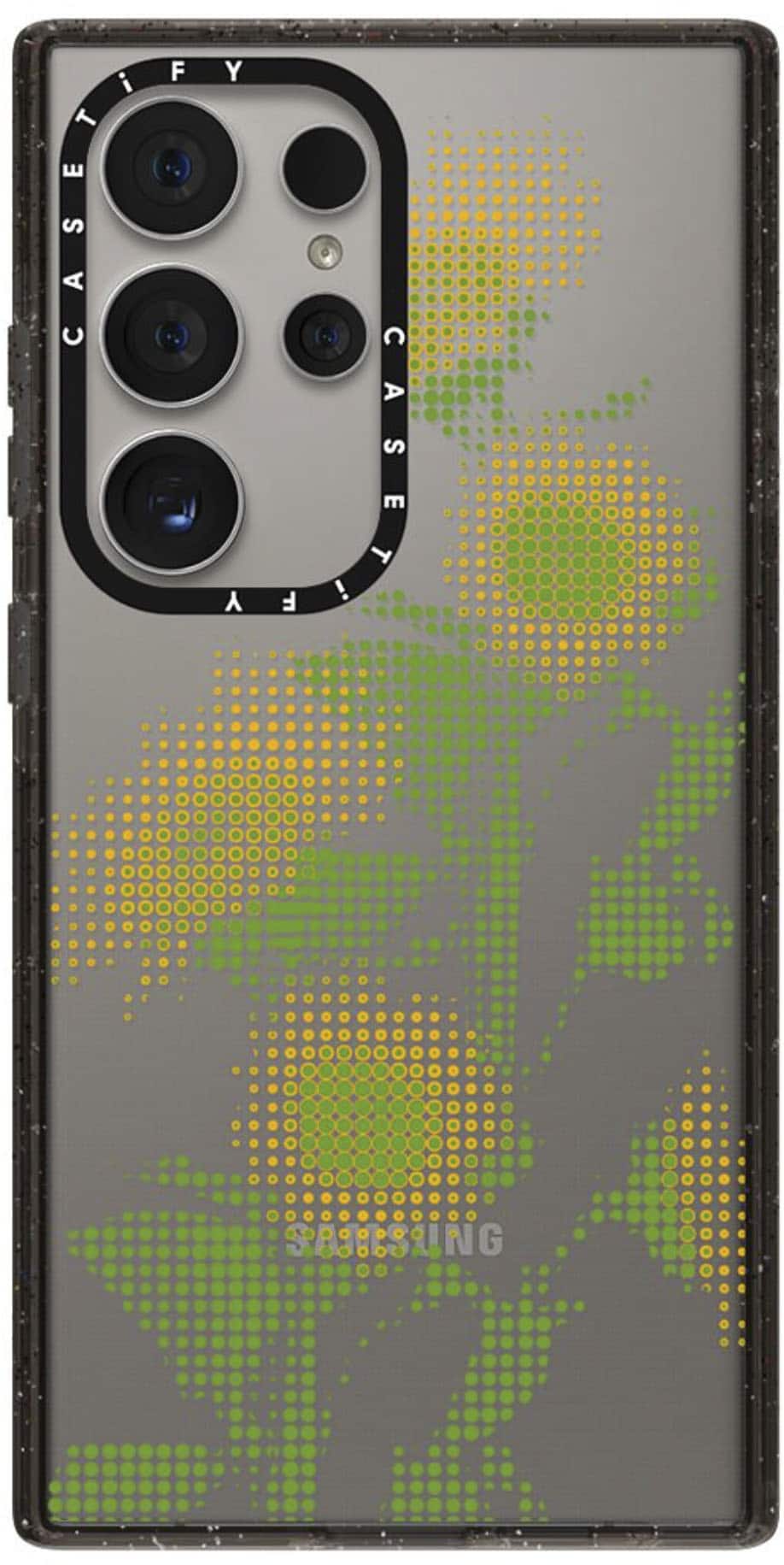 The image features a cell phone with a flower pattern on the back, which is made by Samsung. The phone has a total of six cameras, including a front camera and five rear cameras. The design of the phone is visually appealing, with the flower pattern adding a touch of color and style to the device.