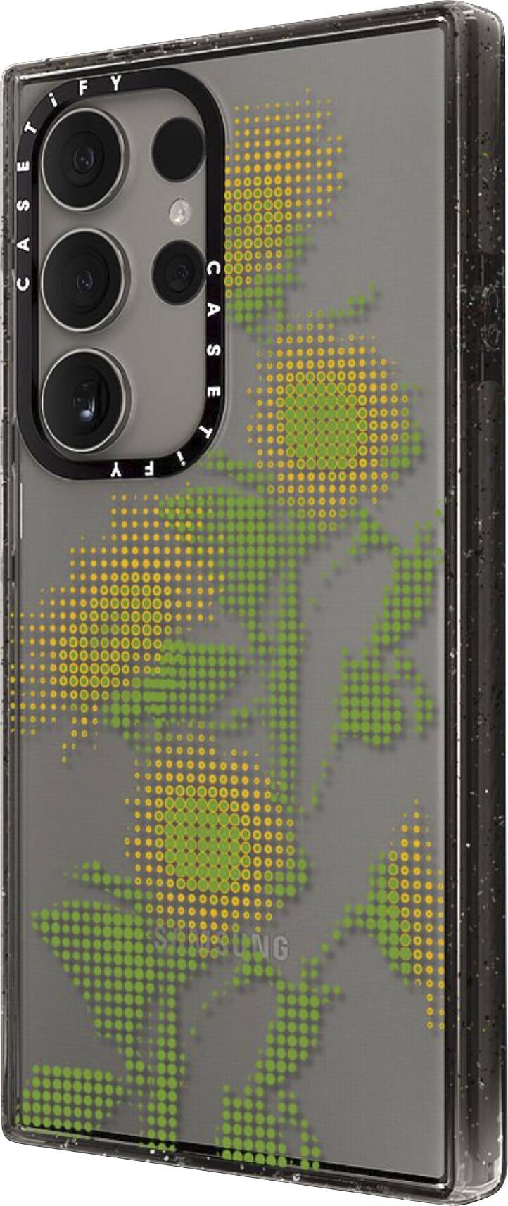 The image features a cell phone with a sunflower design on the back. The phone is placed in a case, which has a sunflower pattern as well. The case is made of metal and has a gray color. The sunflower design is repeated on the case, creating an eye-catching and unique appearance.