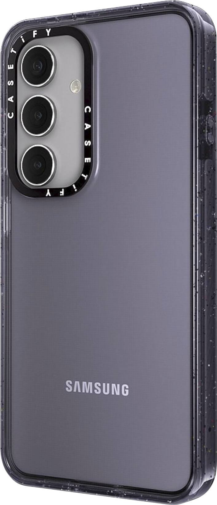 The image features a Samsung phone with a purple case. The phone is held in a vertical position, and the case is designed to protect the device. The case has a sleek design that complements the phone's appearance.