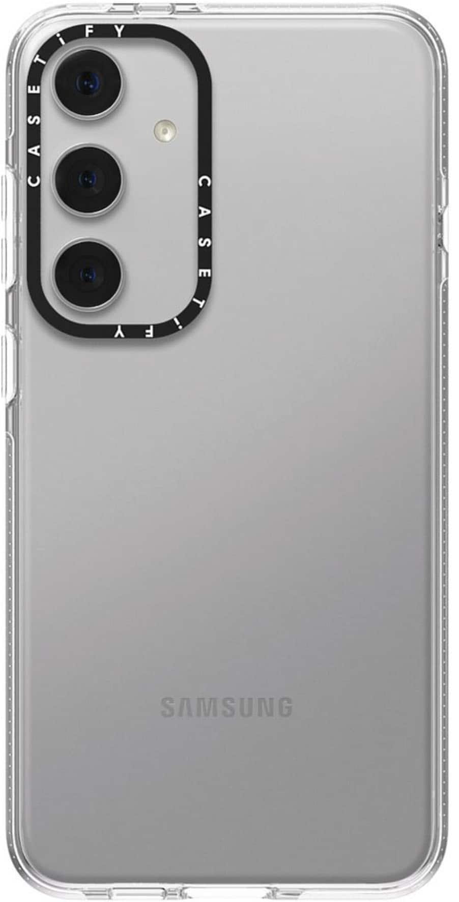 The image features a Samsung phone with a case on it. The case has a silver color and is designed to protect the phone. The phone itself has a silver color and is equipped with a camera on the back. The case is made of a hard plastic material, providing a sturdy and durable protection for the phone.