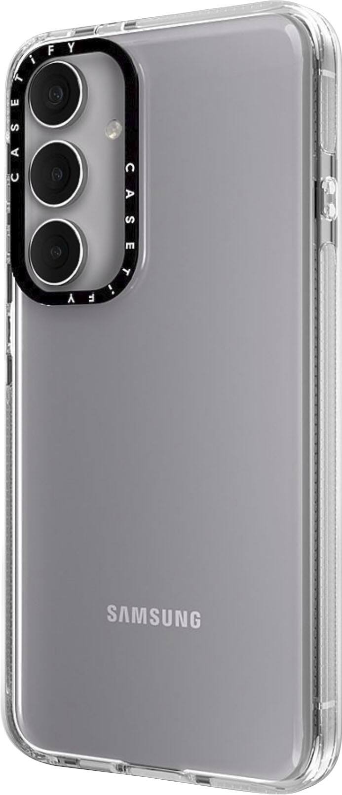 The image features a Samsung phone with a grey case on it. The case has a clear back, allowing the phone's design to be visible. The phone is positioned in a way that showcases its camera, which has three lenses. The case provides protection for the phone while also enhancing its appearance.