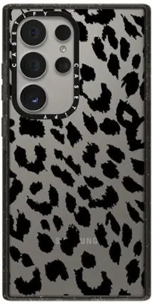 The image features a cell phone with a leopard print case on it. The case is designed to protect the phone and add a stylish touch to the device. The phone itself has a camera on the back, which is a common feature in modern smartphones. The case is likely made of durable material to withstand daily wear and tear, while the leopard print design adds a unique and eye-catching element to the phone.